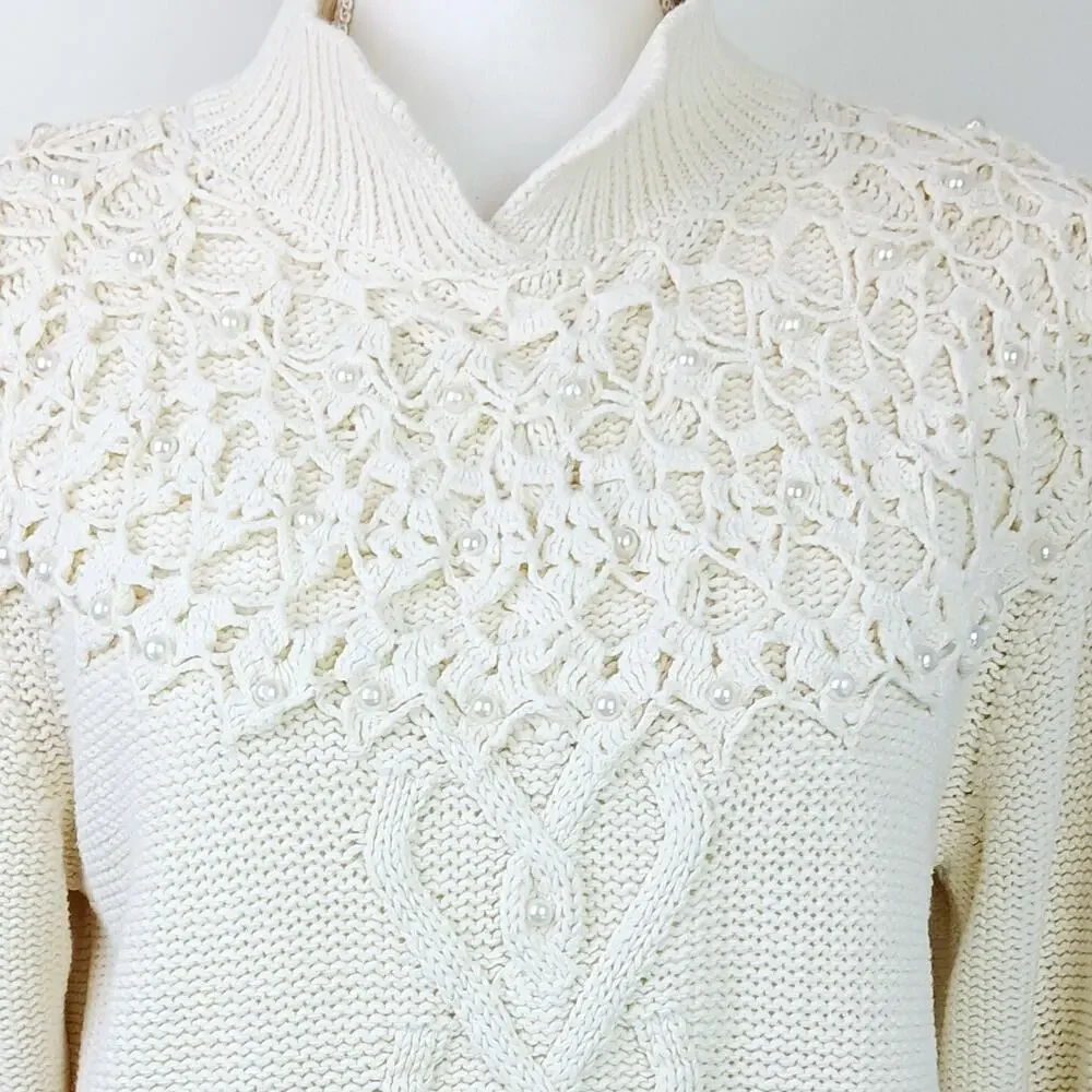 Sarah Taylor Collection VTG SZ M Cable Knit Cream Sweater Crochet Pearls 80's